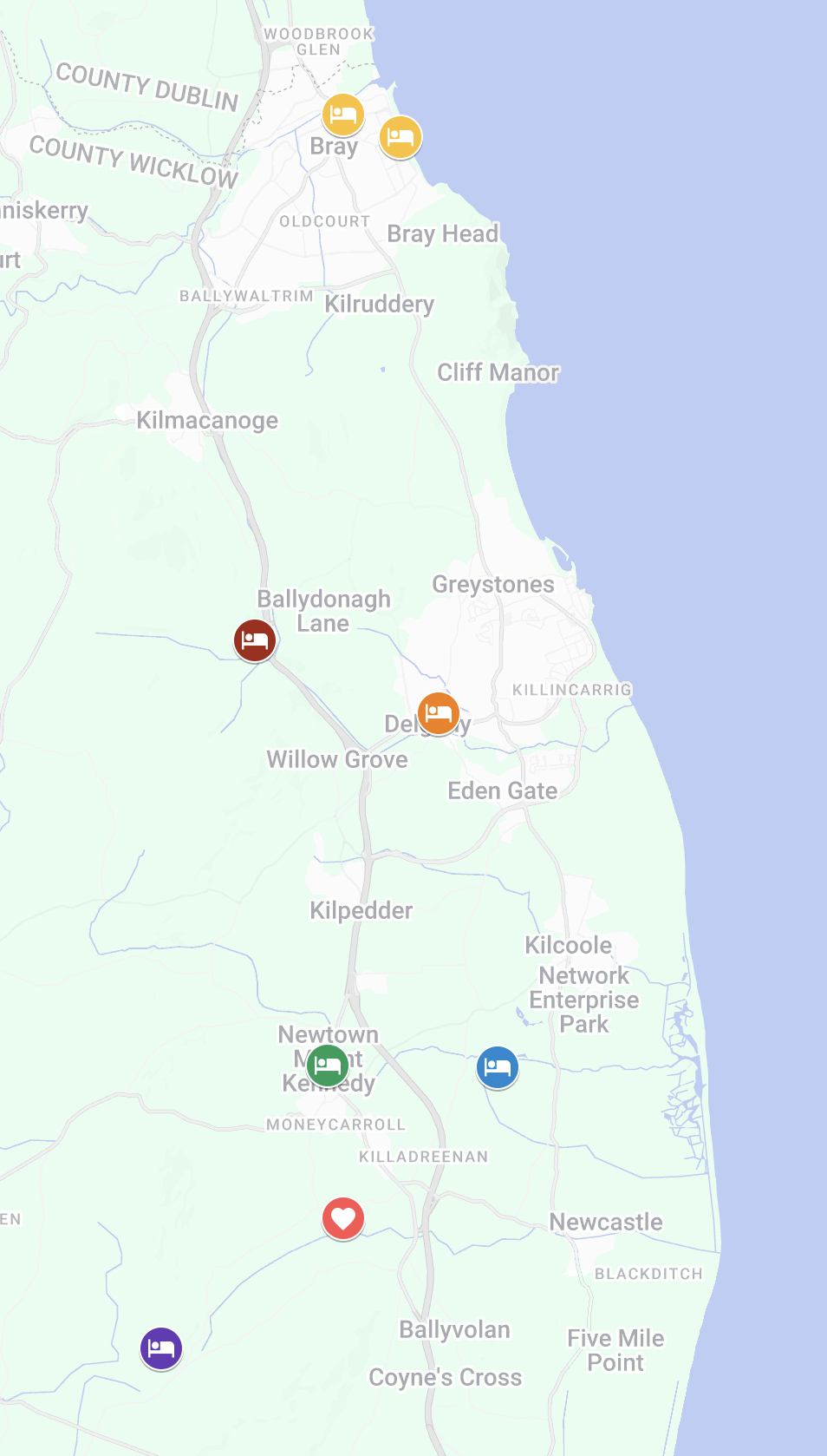 Map of County Wicklow showing Trudder Lodge and the accommodation options between Bray and Newcastle
